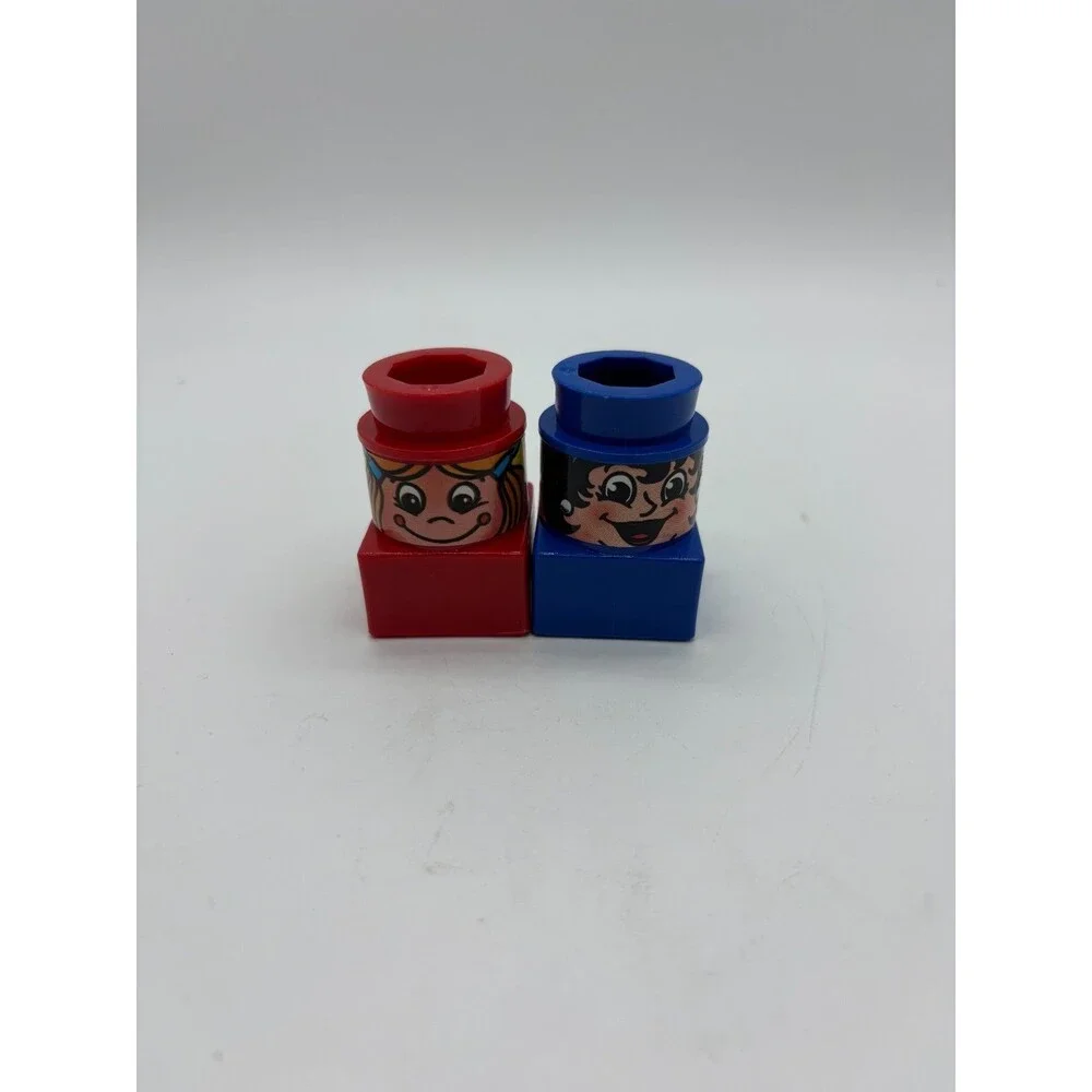 Lot of 2 Vtg Mega Blocks Cylindrical Head Brick Figures Boy Girl 1980s